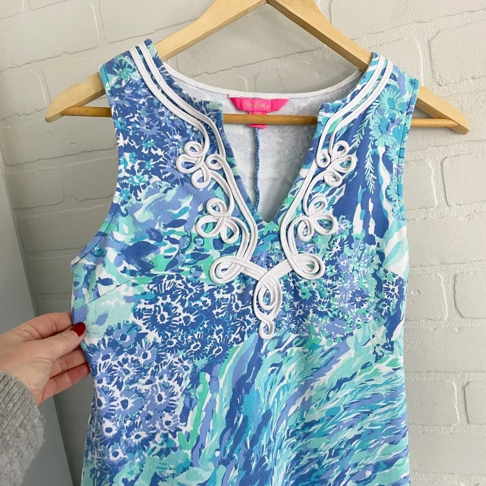 Lilly Pulitzer Vintage Mini Dress Blue Green Daisy Water Print Embroidered Sz XS - Picture 5 of 14
